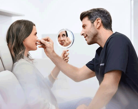 Vor der ultherapy prime behandlung. arzt zeichnet gesichtsareal bei patientin ein